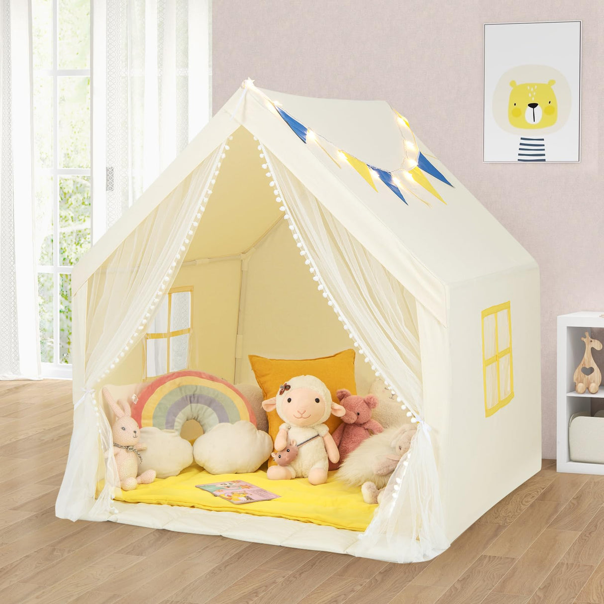 HONEY JOY Large Play Tent, Kids & Toddlers Playhouse with Washable Cotton Mat, Star Lights, Windows