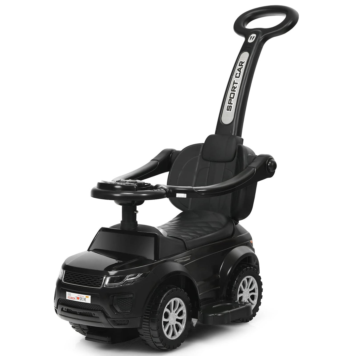 A black 3-in-1 kids ride on push car, featuring a stroller mode with a removable handle, suitable for toddlers.