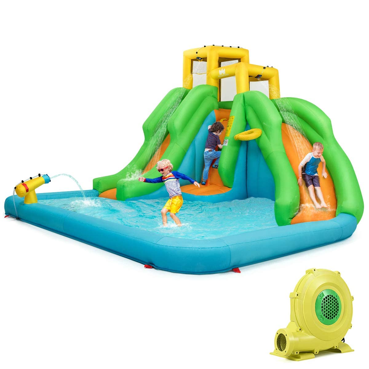 HONEY JOY Inflatable Water Slide, 6 in 1 Inflatable Castle Water Park w/Climbing Wall, Basketball Rim