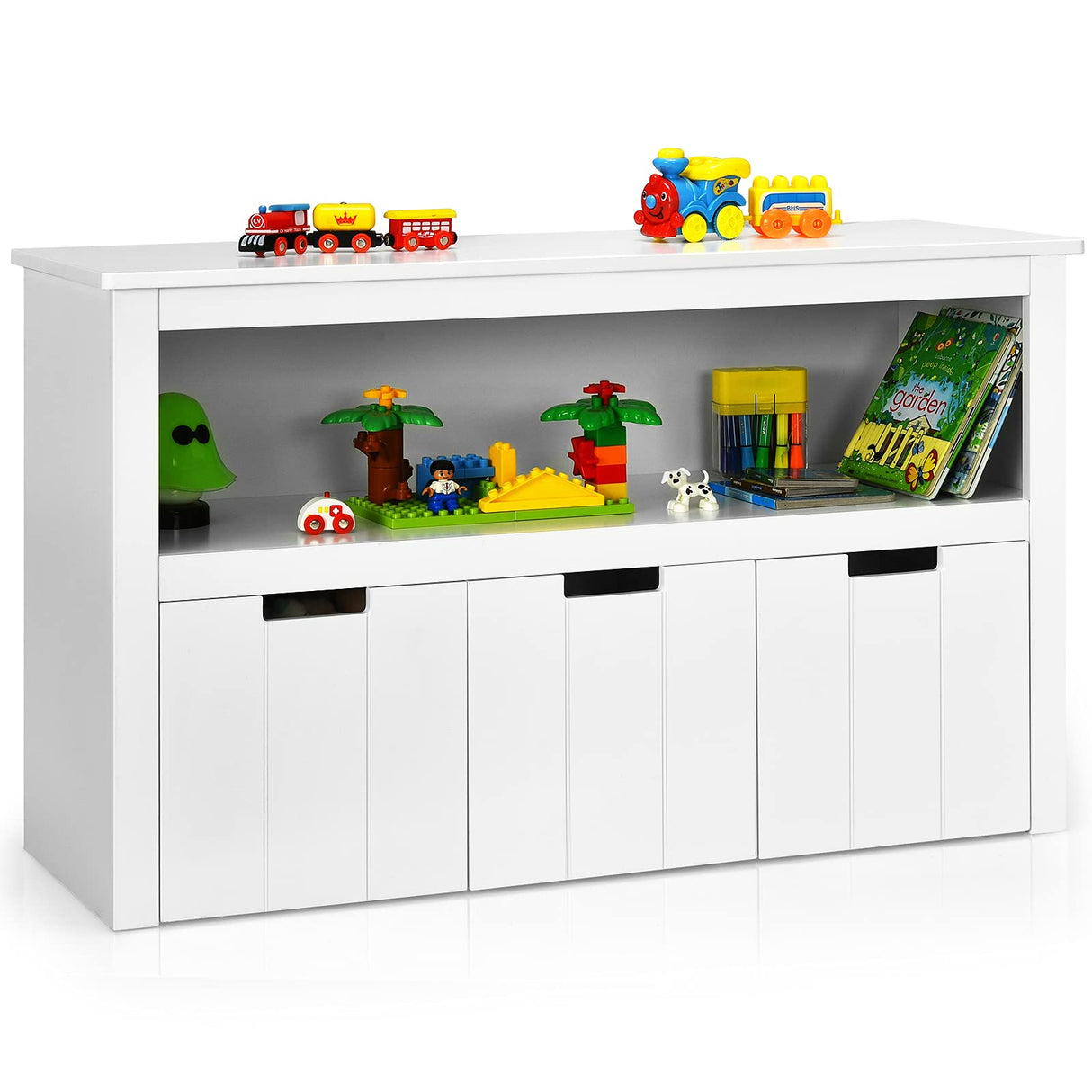 BABY JOY Kids Toy Storage Cabinet with 3 Removable Drawers, Rolling Wheels & Open Shelf