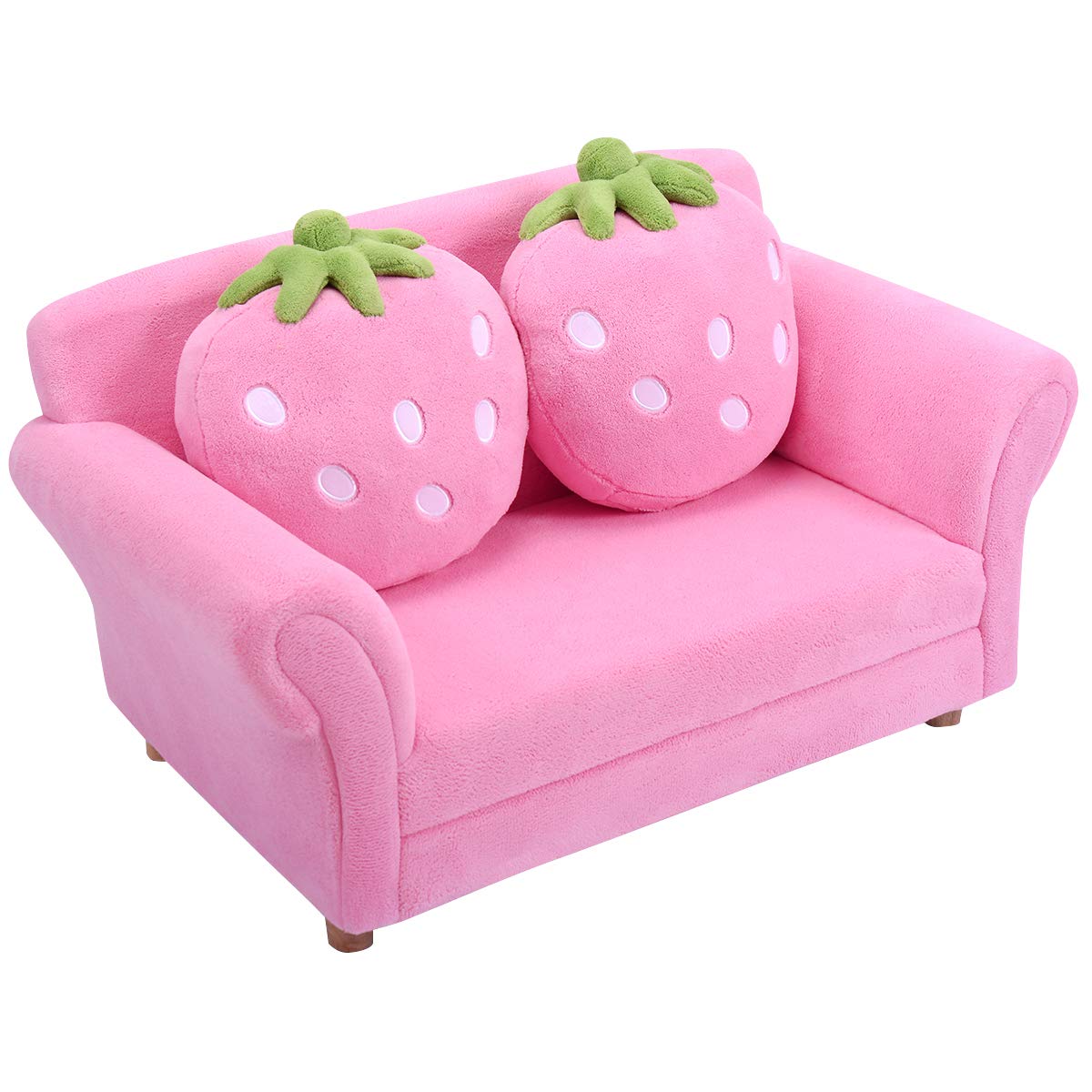 BABY JOY Toddler Couch with 2 Strawberry Pillows, Children Upholstered Loveseat Lounge Bed