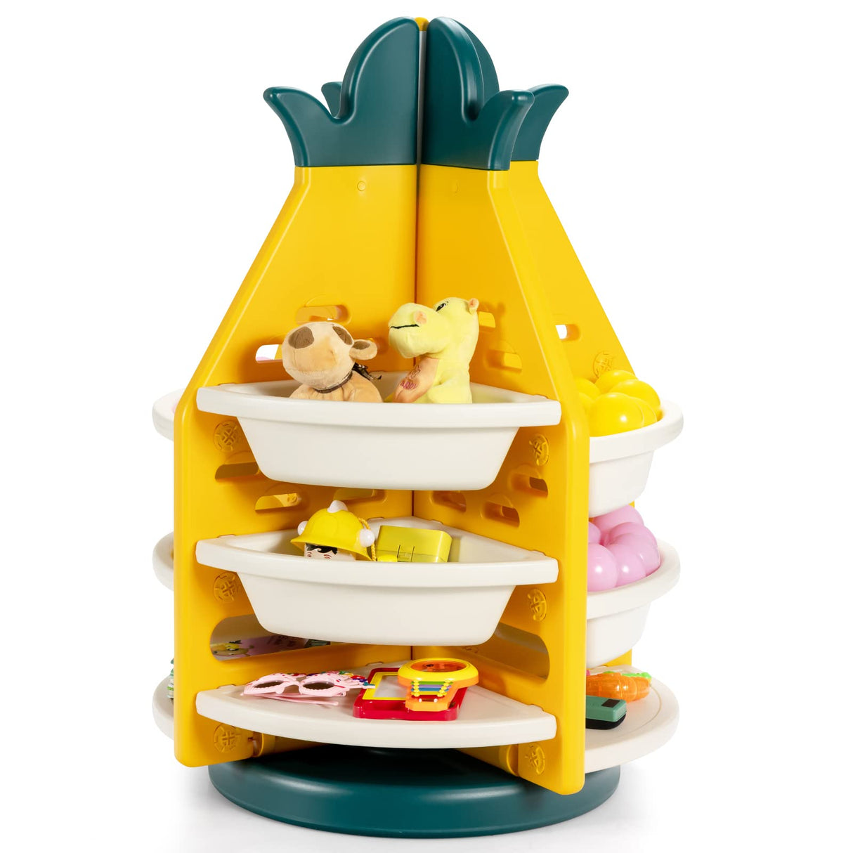 BABY JOY Kids Toy Storage Organiser, 3-Tier 360° Rotating Toy Shelf w/ 8 Bins & 4 Shelves