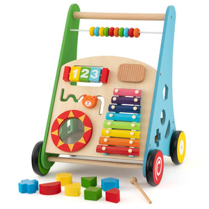 BABY JOY Wooden Baby Walker, Push and Pull Sit-to-Stand Learning Walker