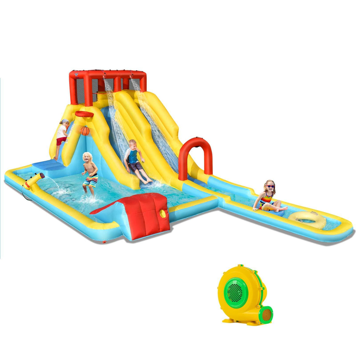 HONEY JOY Inflatable Water Slide, 7-in-1 Double Long Slide Inflatable Water Park w/Climbing Wall