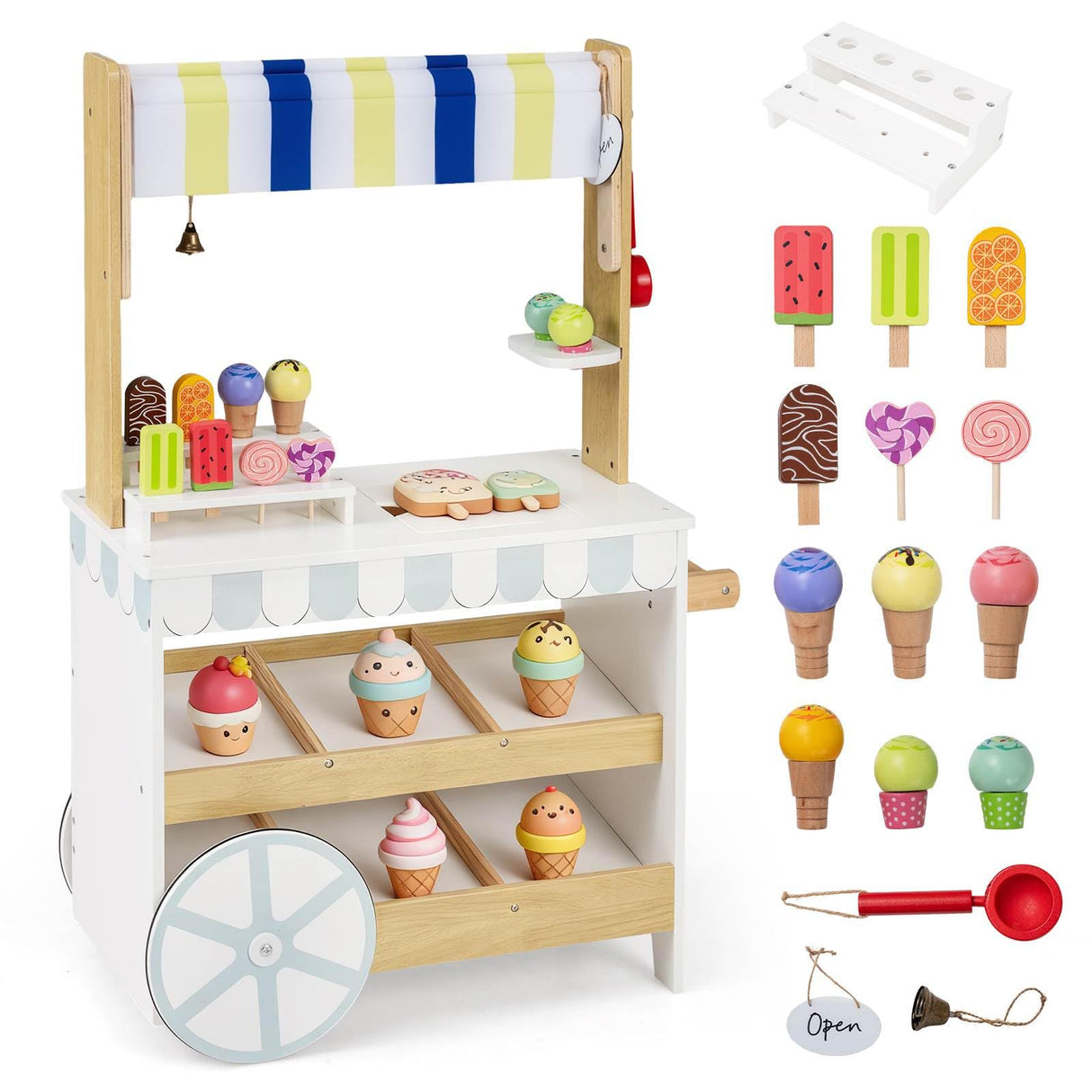 Wooden Ice Cream Cart for Kids, Pretend Play Set with Storage for 3+ Years Old