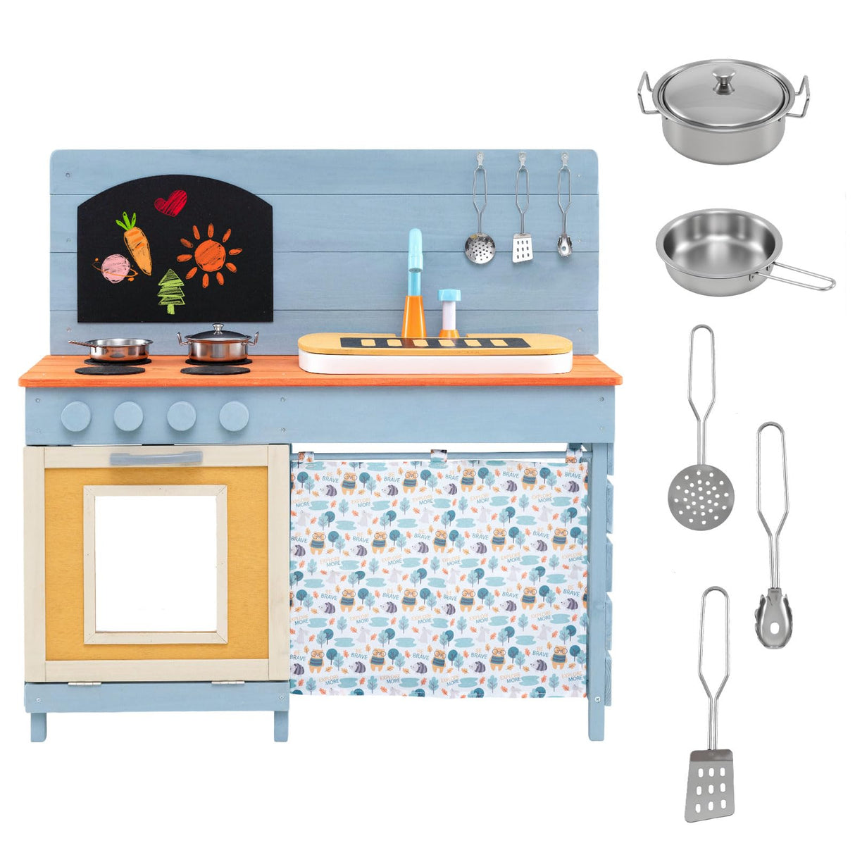 Outdoor Kids Play Kitchen Set, Wooden Kitchen Playset w/Stoves