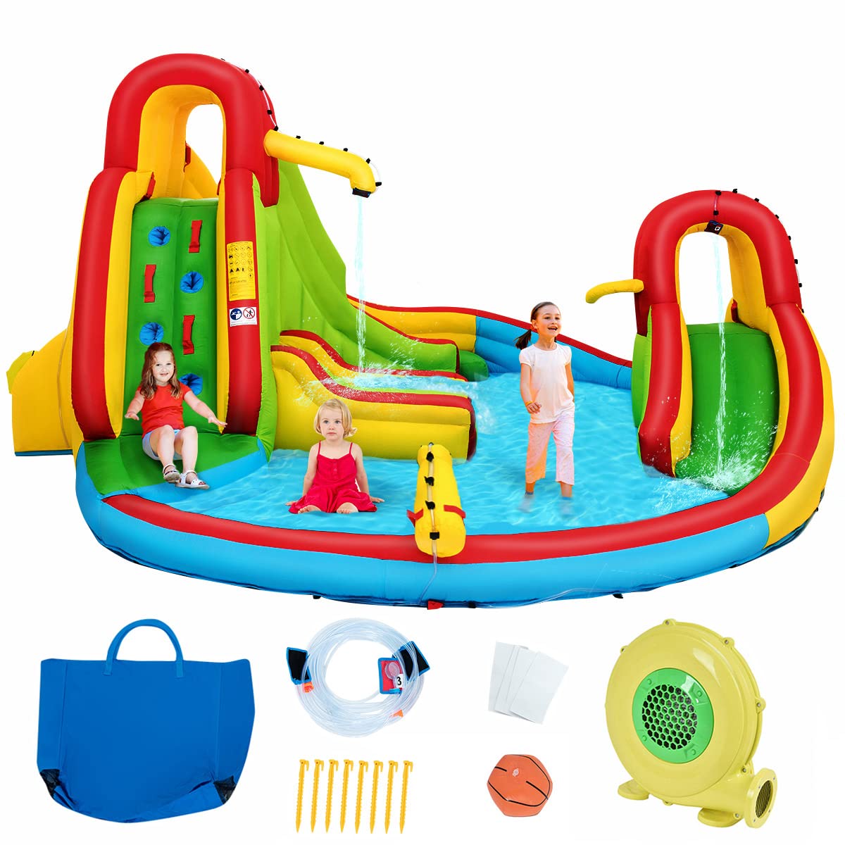 Inflatable Water Park Jumping Castle, Kids Jumping Bounce House w/ Large Splash Pool, Slides