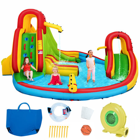 Inflatable Water Park Jumping Castle, Kids Jumping Bounce House w/ Large Splash Pool, Slides