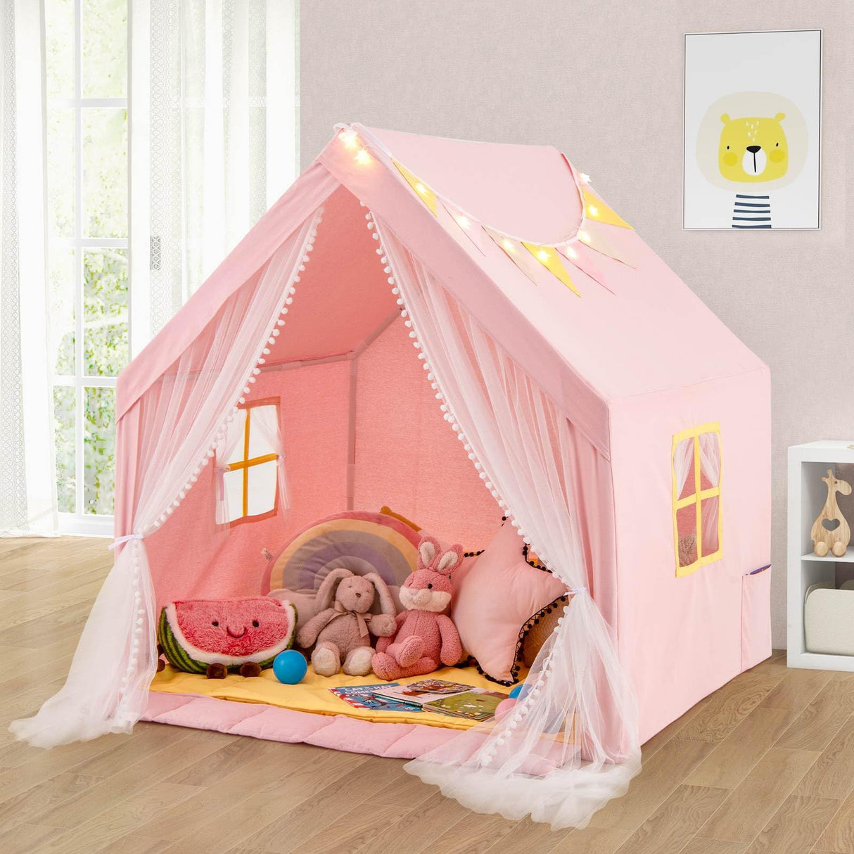 HONEY JOY Large Play Tent, Kids & Toddlers Playhouse with Washable Cotton Mat, Star Lights, Windows