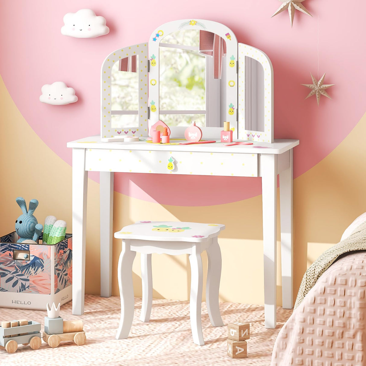 HONEY JOY Kids Vanity Table and Chair Set, Kids Dressing Table w/Tri-Folding Mirror, Large Storage Drawer