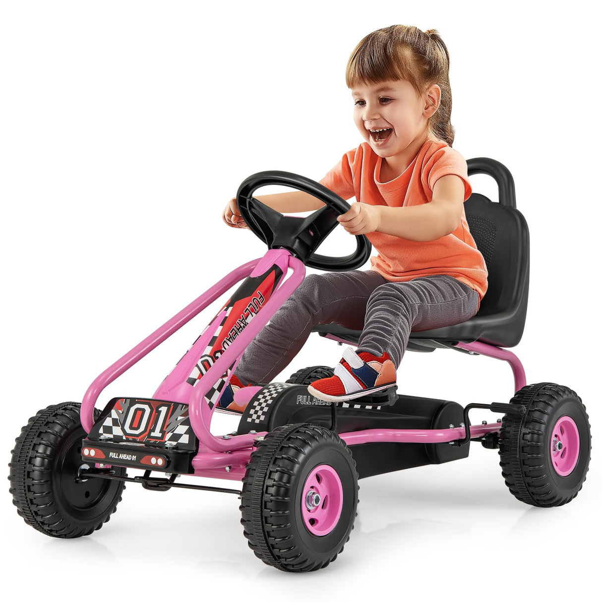 HONEY JOY Pedal Go Kart for Kids, 4 Wheel Pedal Powered Ride On