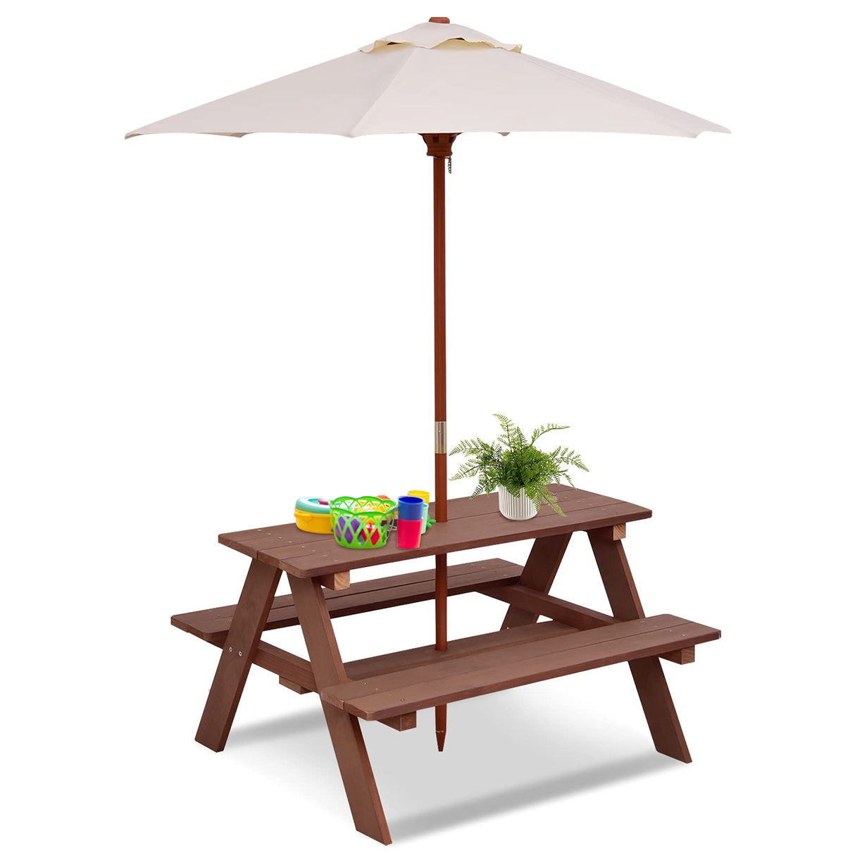 Children's wooden picnic table with a folding umbrella and two attached benches, set against a white background.
