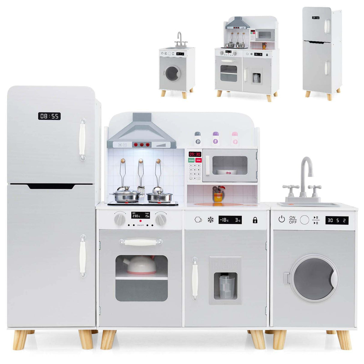 A modular kids' kitchen playset with a refrigerator, washing machine, and a kitchenette featuring a stove, microwave, sink, and hanging hooks, all in white and gray colors.