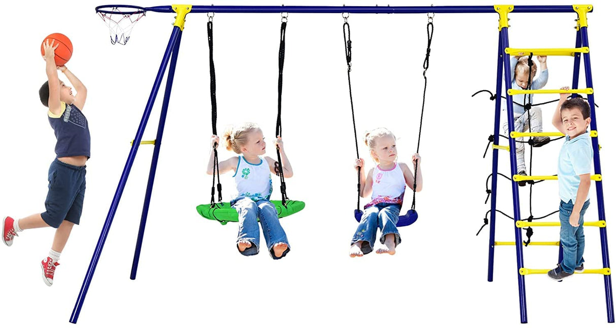HONEY JOY 5-in-1 Metal Climb and Swing Set with 2 Tree Swings, Climbing Ladder
