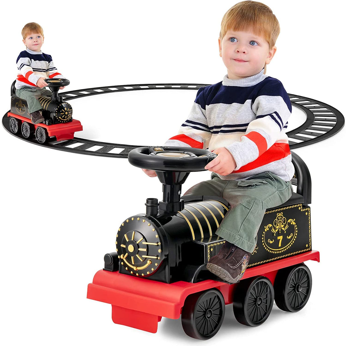 HONEY JOY Ride on Train Track, 6V Electric Ride on Train with Tracks, Storage Seat, Flashing Lights & Music