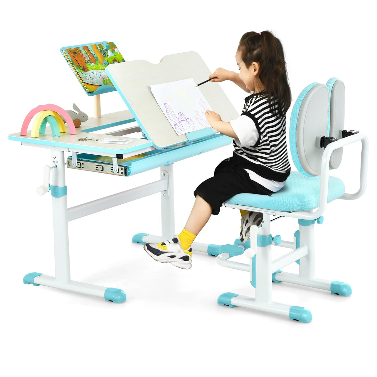 HONEY JOY Kids Desk and Chair Set, Student Study Desk w/Adjustable Height, Tiltable Desktop, Book Stand