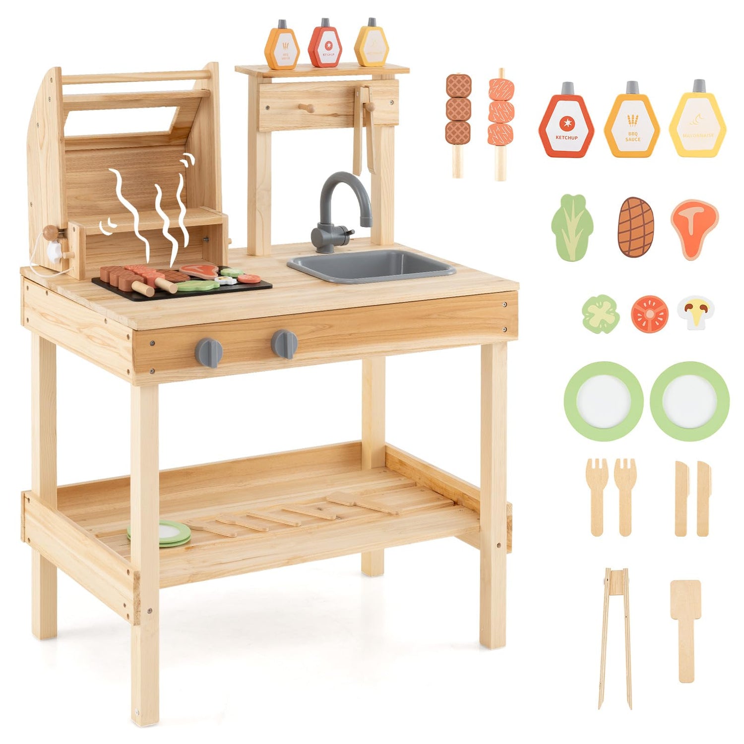 Wooden Barbecue Grill Toy Set with Sink and Faucet Kids BBQ Grill Playset