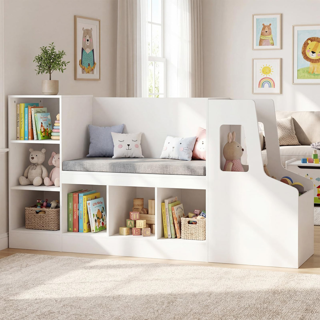 HONEY JOY Car-Shaped Kids Bookshelf with Reading Nook, Kids Bookcase
