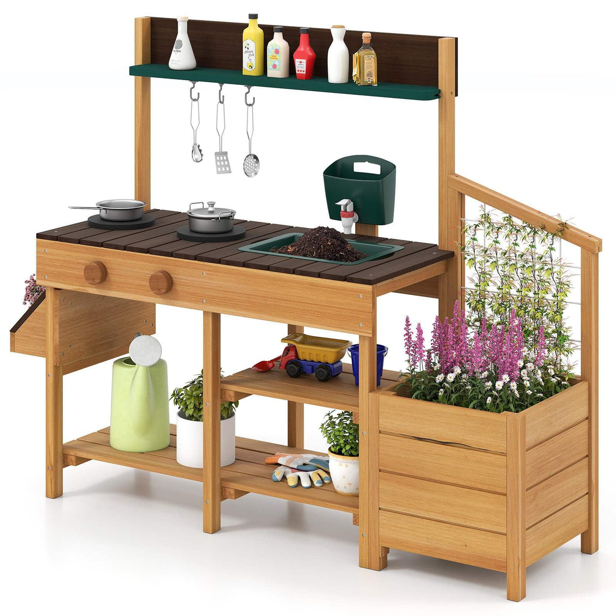 Wooden outdoor kitchen set with pots, tools, and plants on a white background