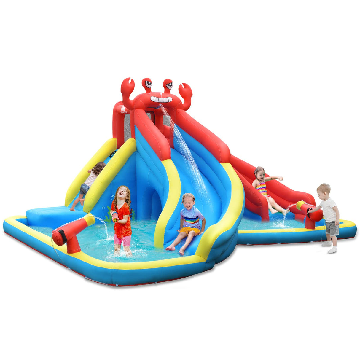 HONEY JOY Inflatable Water Slide, 7 in 1 Giant Water Park Double Long Slide w/Splash Pool, Tunnel Adventure