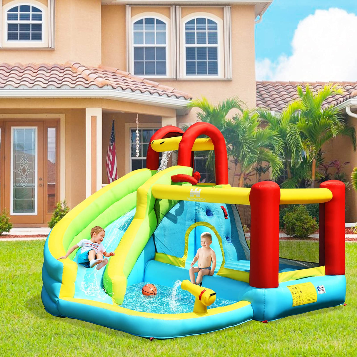 HONEY JOY Inflatable Water Slide, 6 in 1 Jumping Bounce House w/Climbing Wall, Splash Pool (Without Blower)
