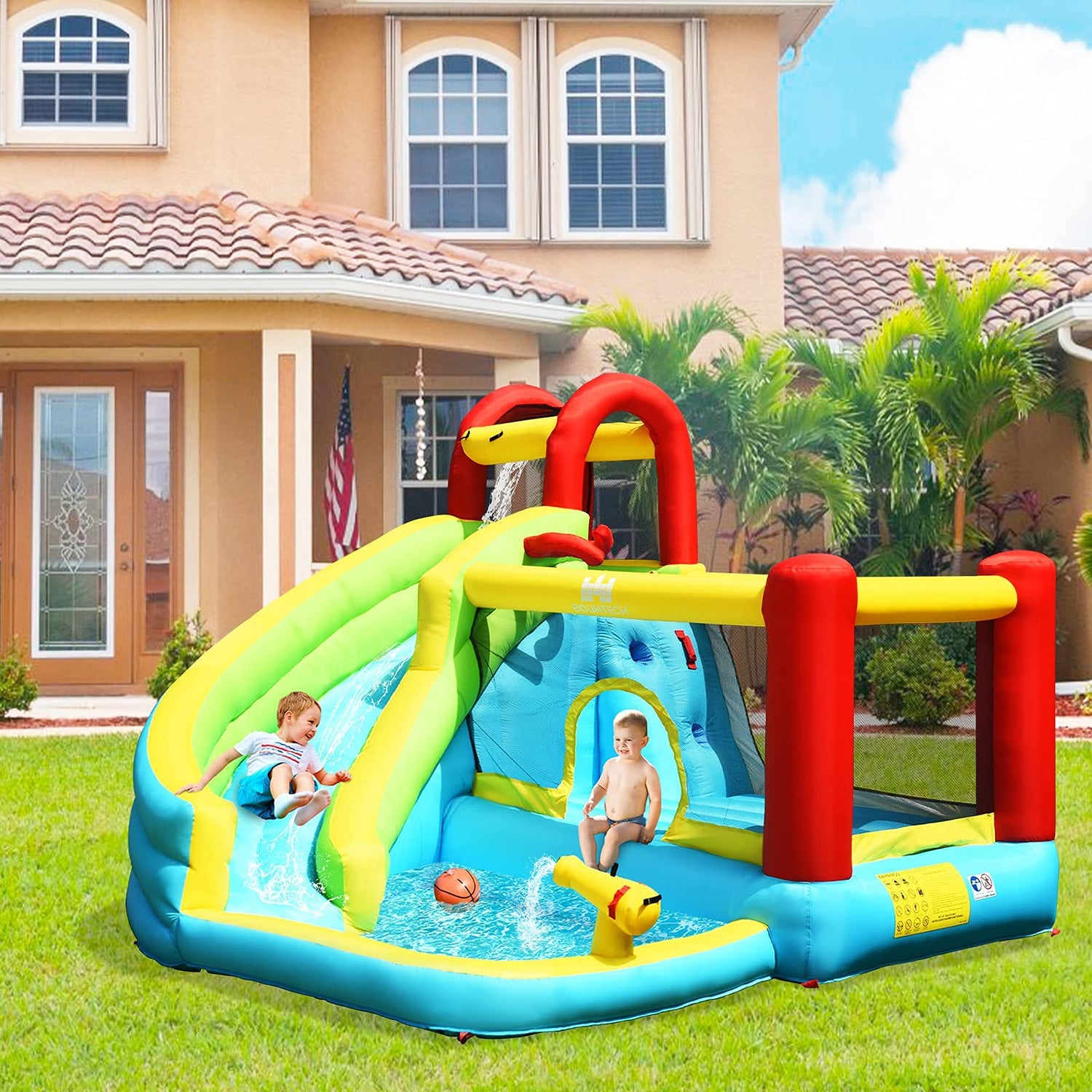 HONEY JOY Inflatable Water Slide, 6 in 1 Jumping Bounce House w/Climbing Wall, Splash Pool (Without Blower)