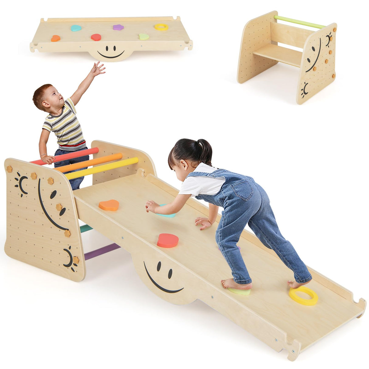 HONEY JOY Kids Wooden Climbing Toy, Triangle Climber Jungle Gym Set w/Seesaw, Dual-Sided Ramp