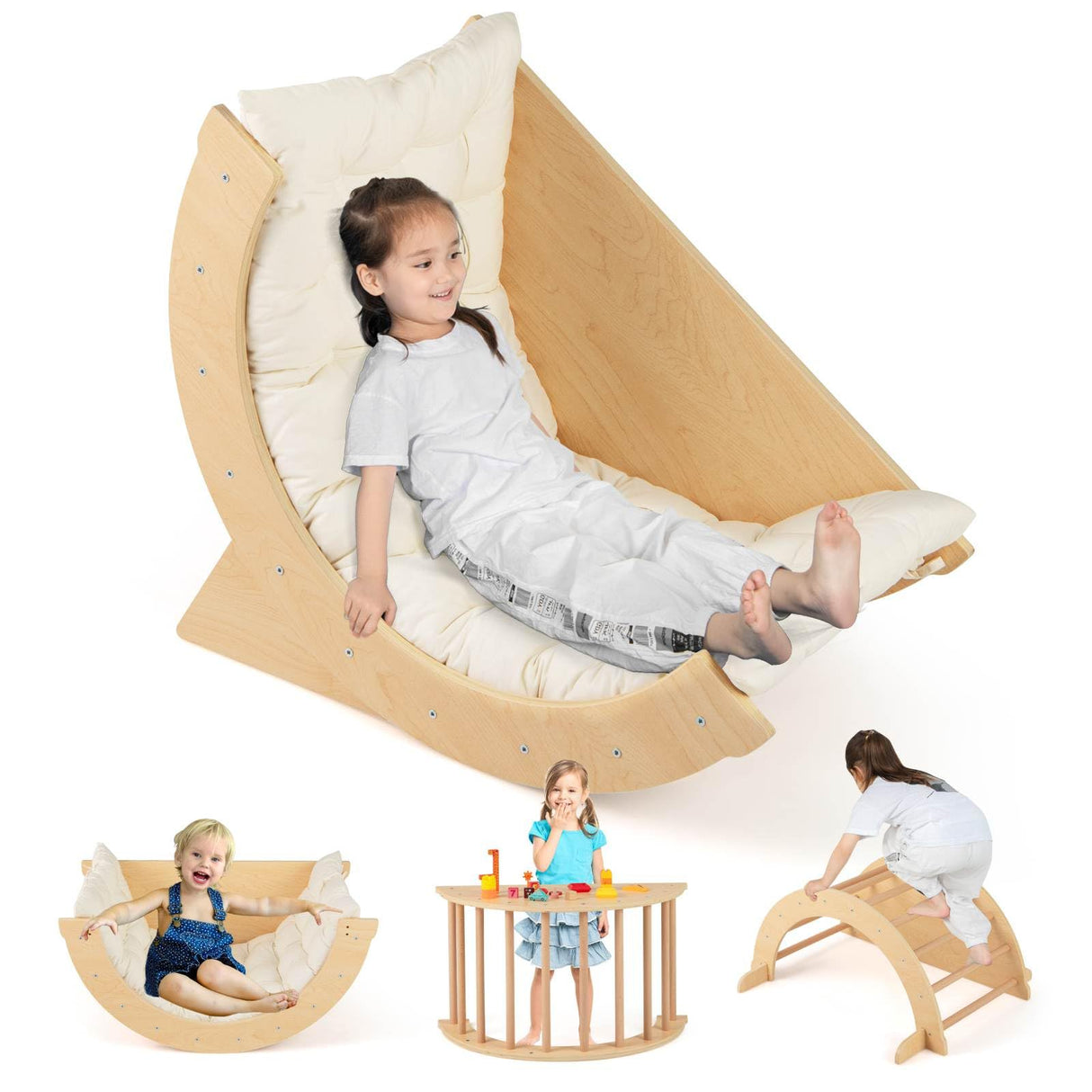 6 in 1 Climbing Arch Playset Wooden Rocker Stoppers Table w/Removable Cushion