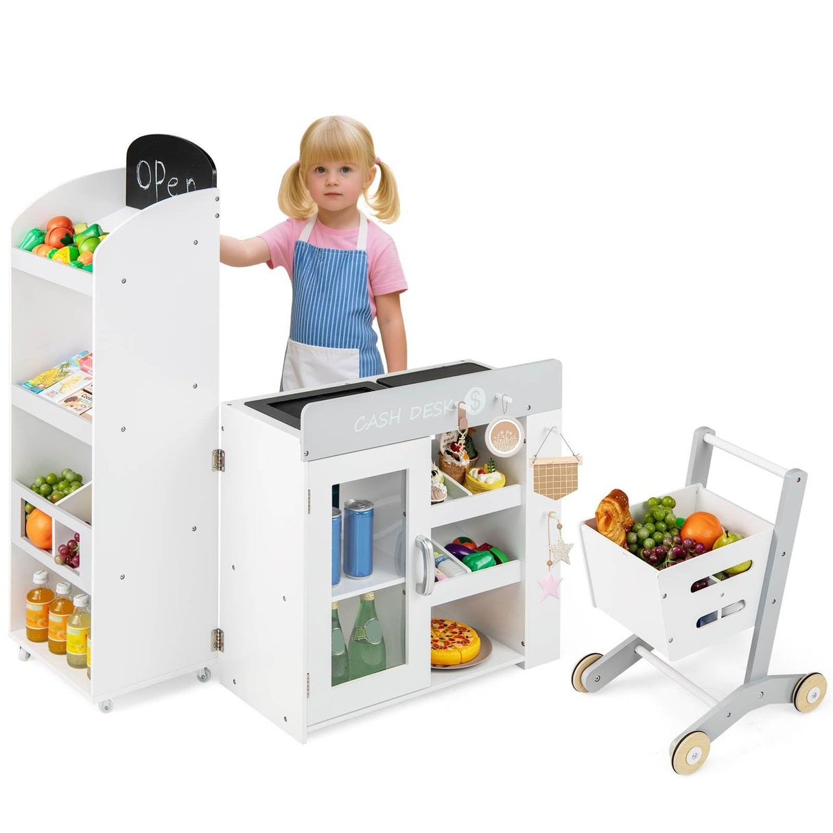 Kids Grocery Store Playset, Convertible Wooden Play Store with Shopping Cart