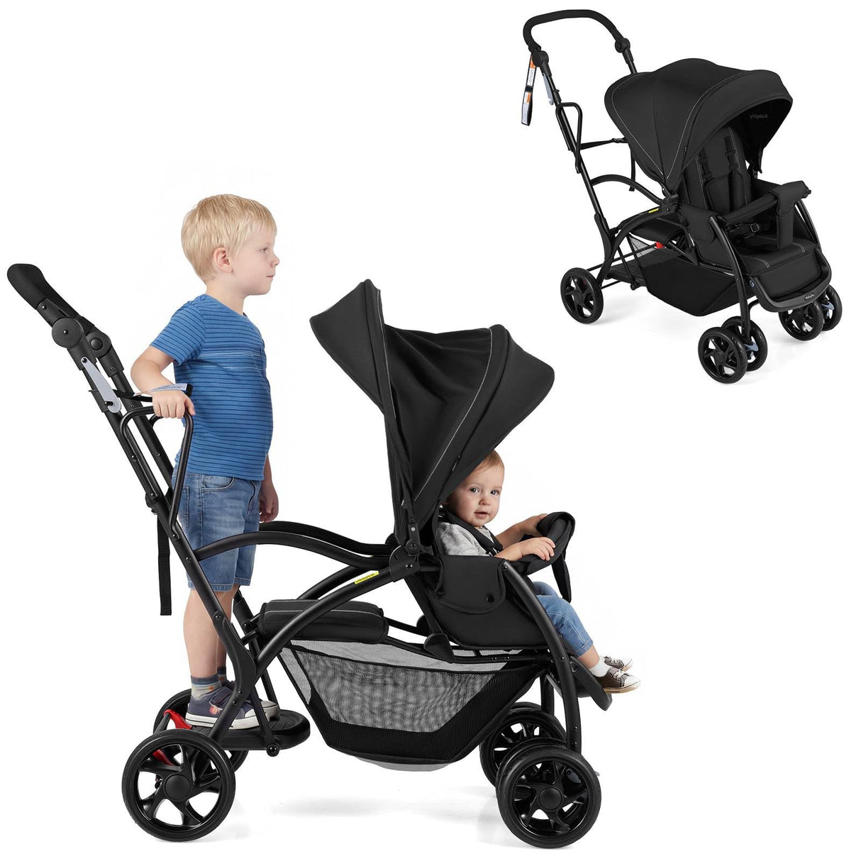 Sit and Stand Stroller, Foldable Double Stroller with Wristband