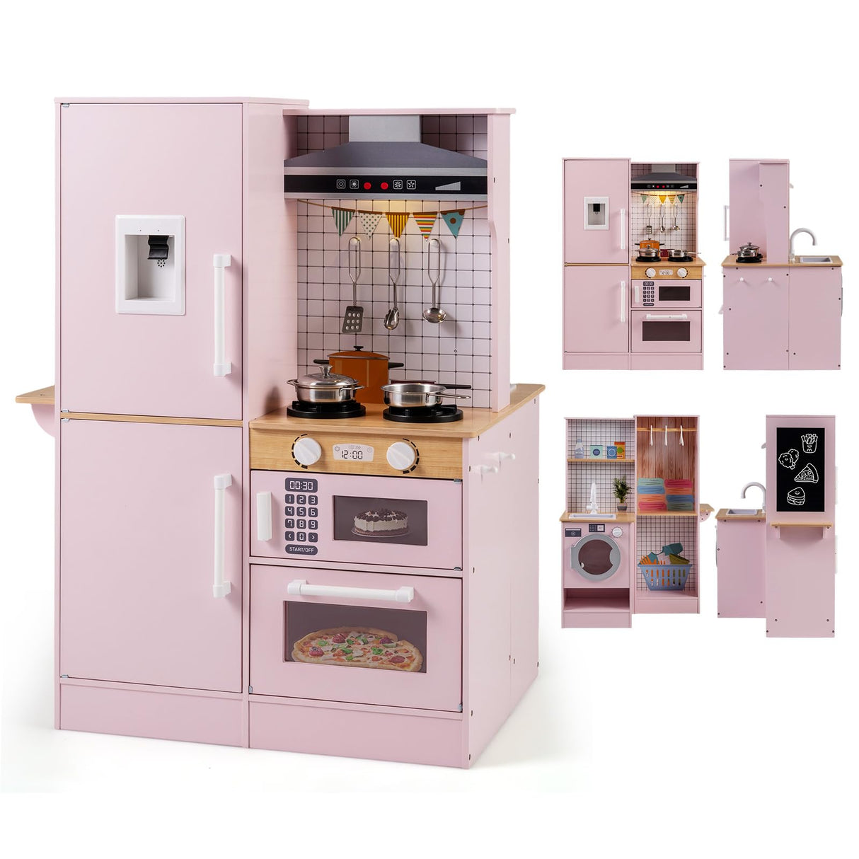 Dual-Sided Kids Play Kitchen, Wooden Kitchen Playset