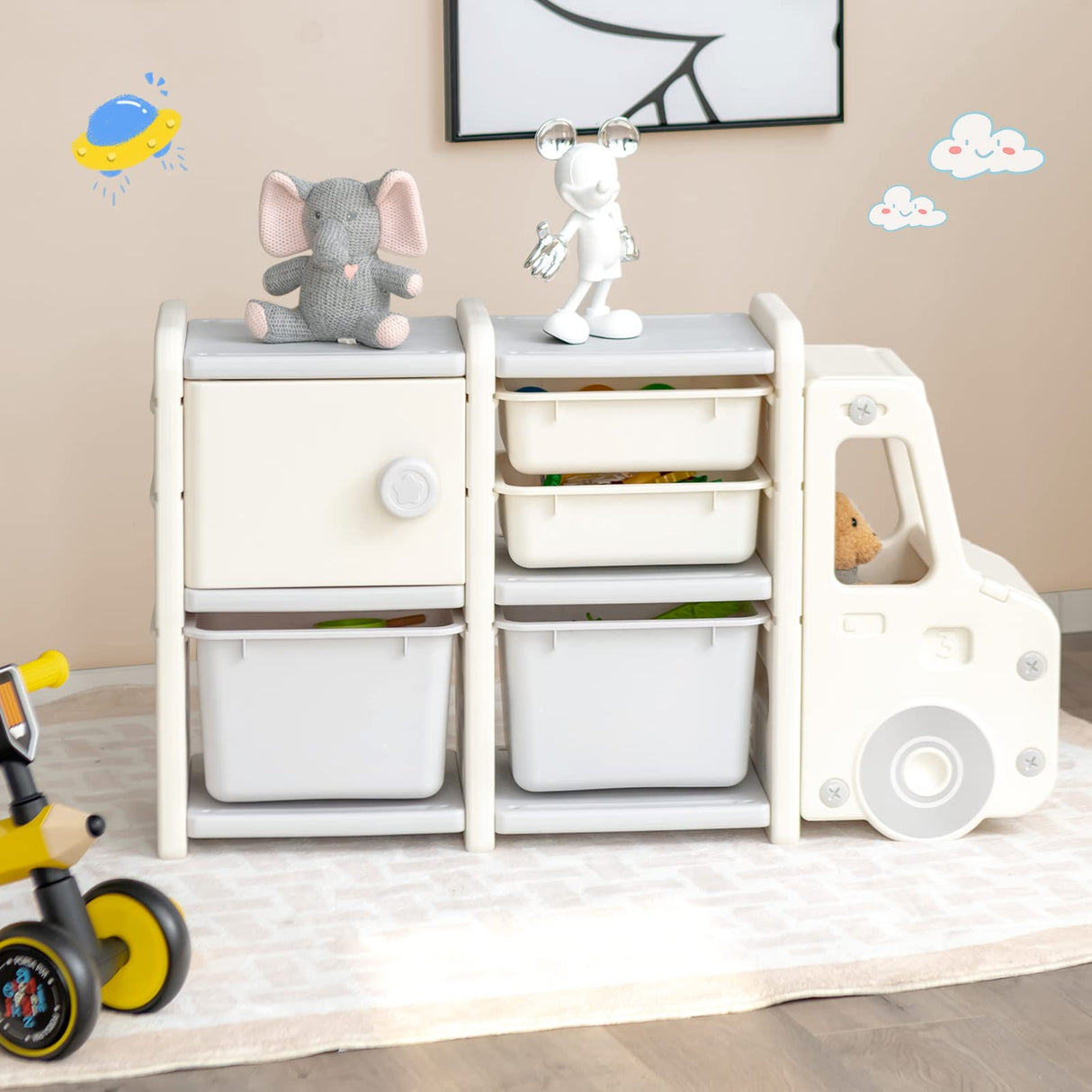 HONEY JOY Kids Toy Storage Organiser with 2 Large Bins, Pull-Out Drawers, Cabinet, Front Store Space