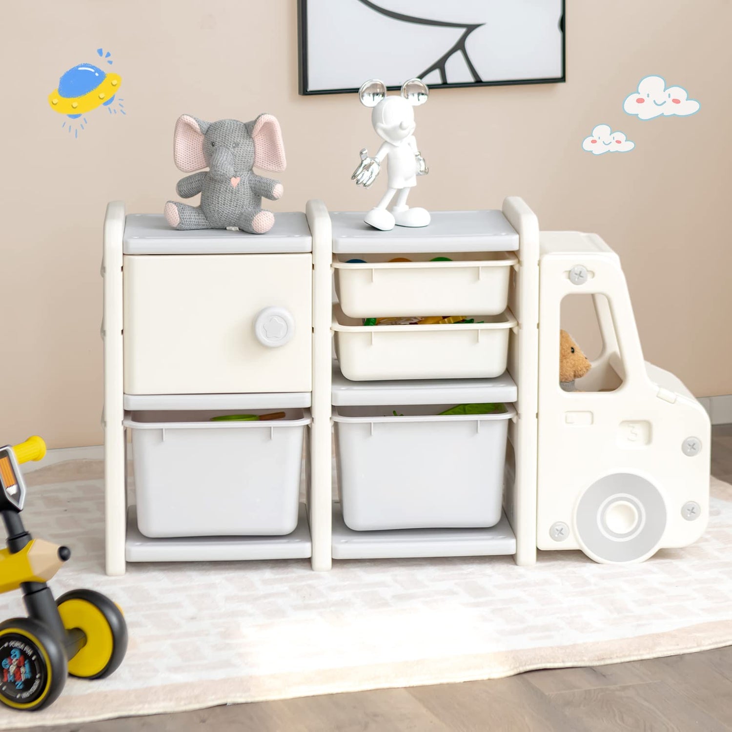 HONEY JOY Kids Toy Storage Organiser with 2 Large Bins, Pull-Out Drawers, Cabinet, Front Store Space