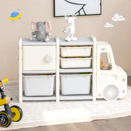 HONEY JOY Kids Toy Storage Organiser with 2 Large Bins, Pull-Out Drawers, Cabinet, Front Store Space