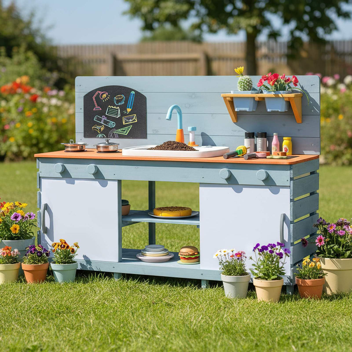 Children's outdoor play kitchen with various accessories on a grassy area with flowers.