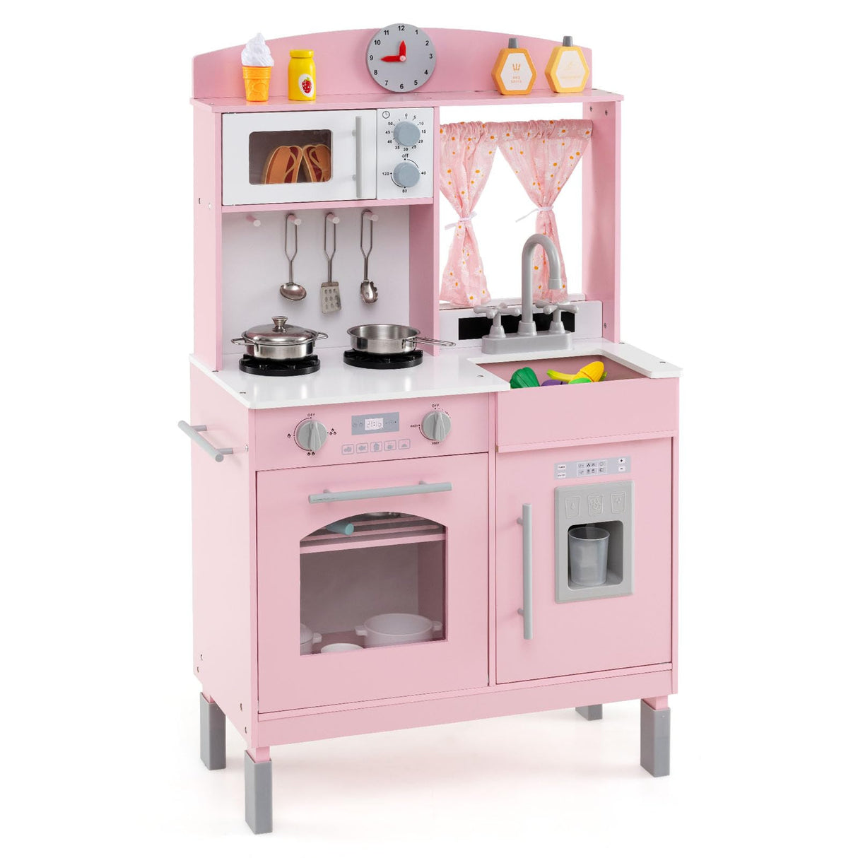 Wooden Play Kitchen for Kids with 3 Adjustable Heights and Stoves and Ice Maker