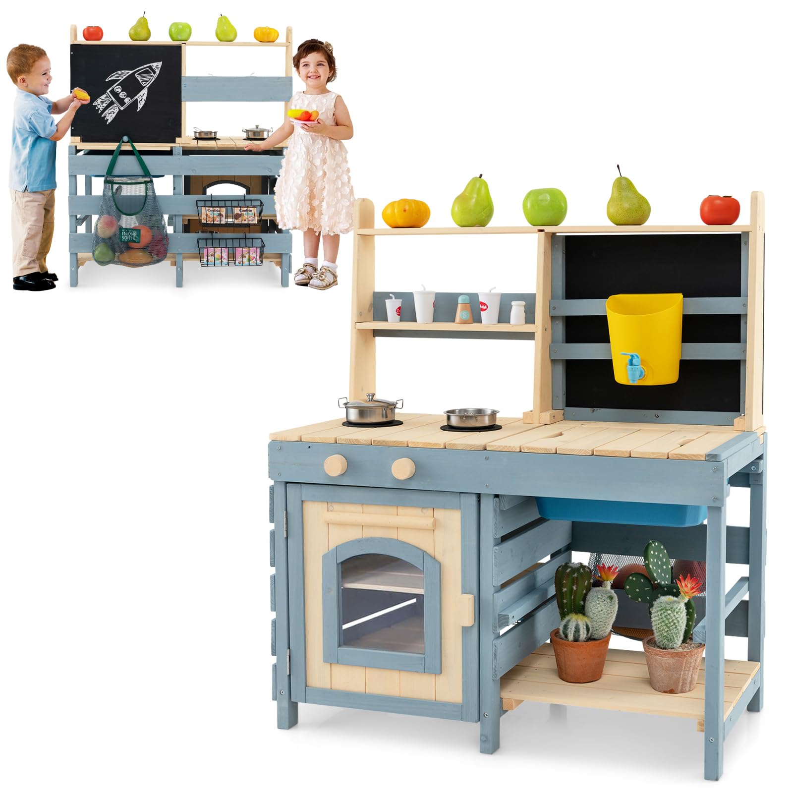 HONEY JOY 2-in-1 Outdoor Mud Kitchen, Kids Play Kitchen & Grocery