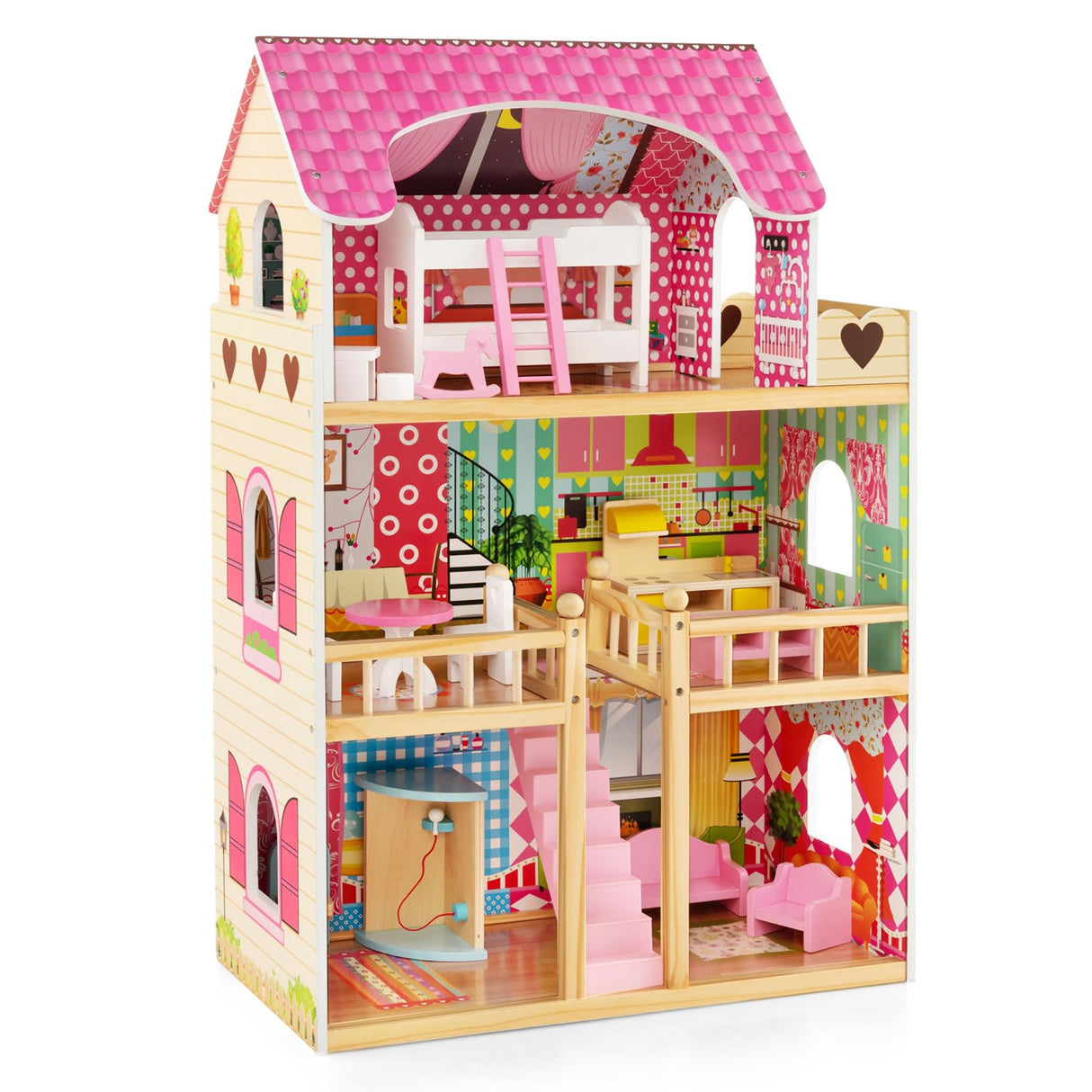 HONEY JOY Kids Wooden Dollhouse Playset w/15 Furniture Accessories