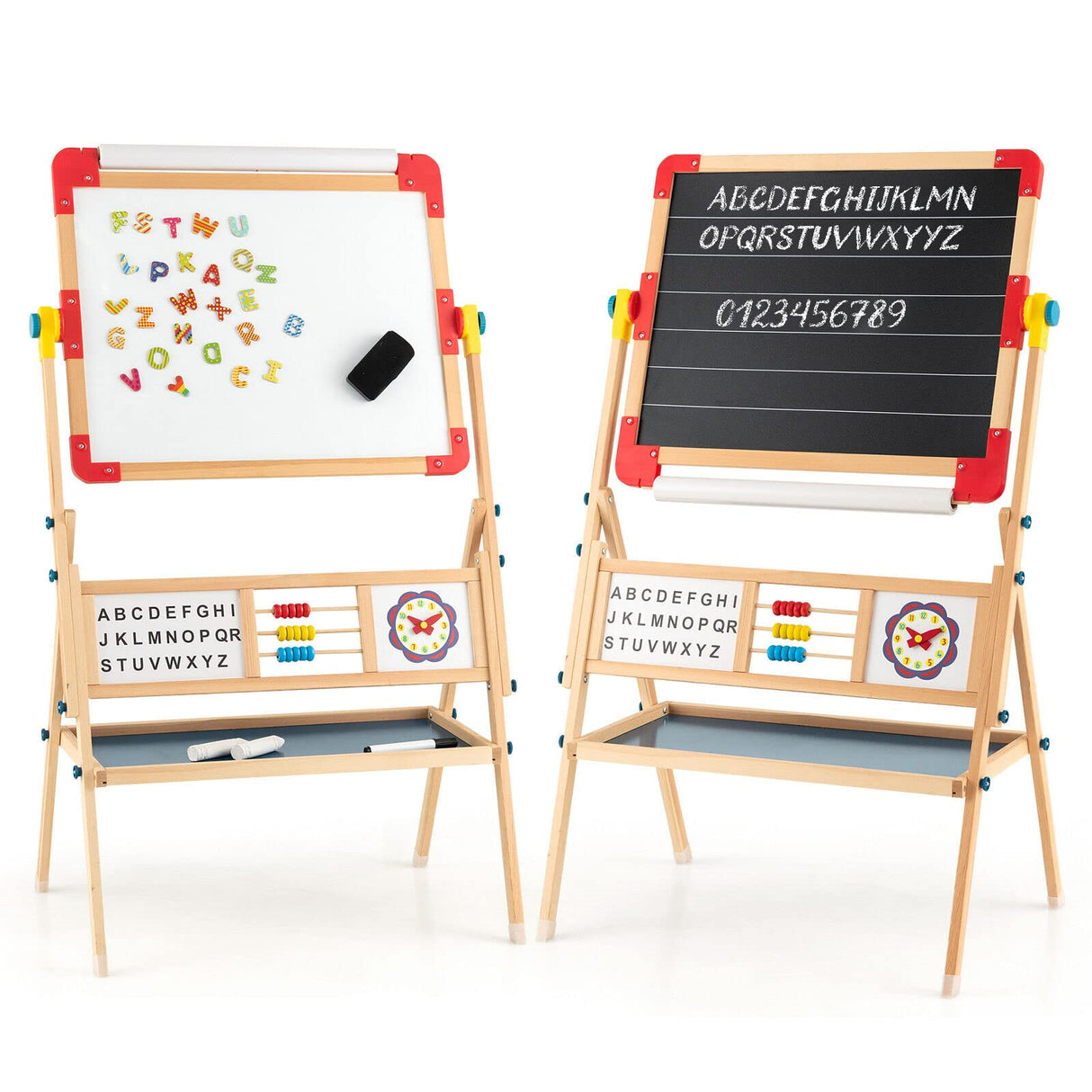 BABY JOY Kids Art Easel, 3 in 1 Wooden Art Easel for Toddlers w/Whiteboard, Chalkboard, Paper Roll