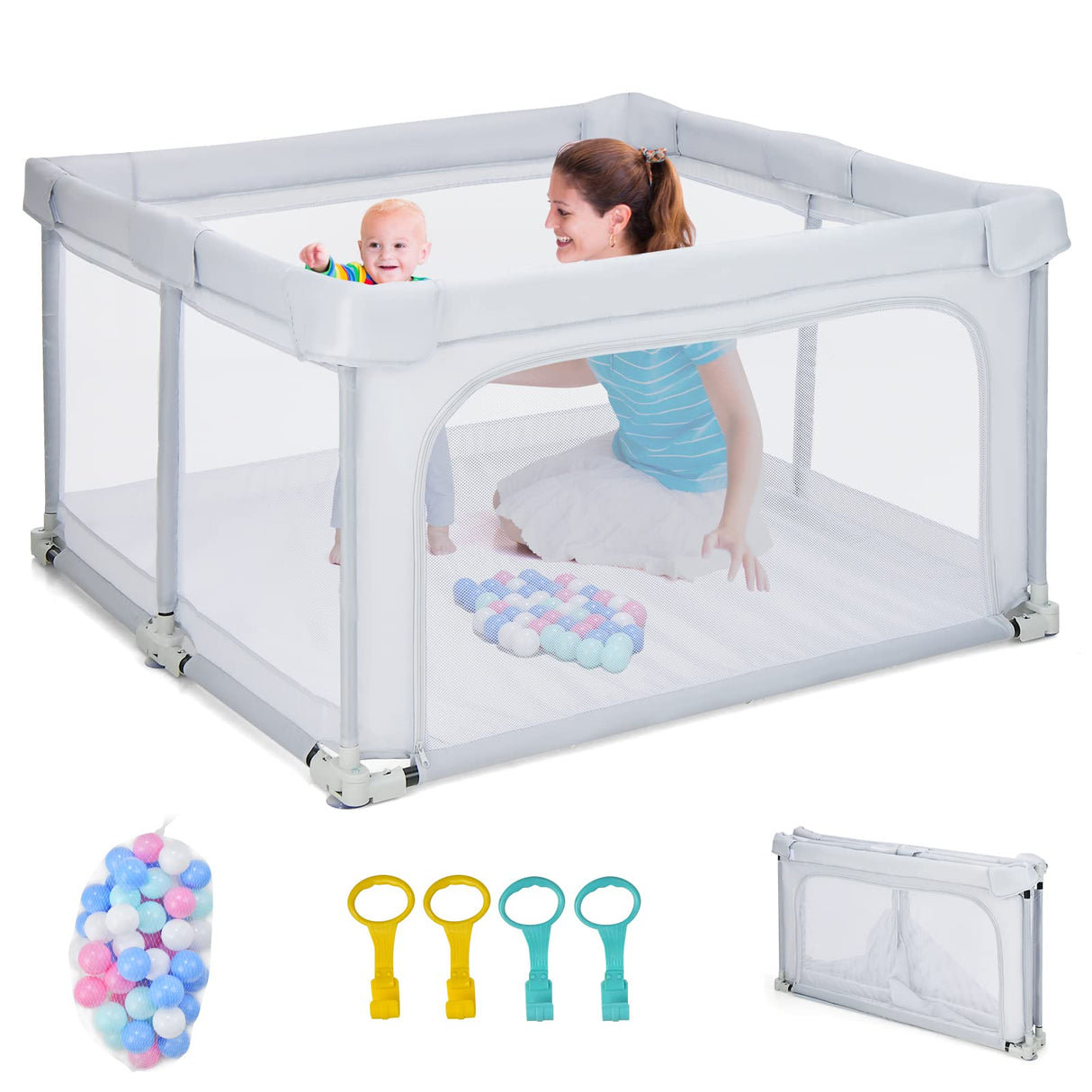 BABY JOY Foldable Baby Playpen, 124 x 124 x 70cm Playpen Activity Center w/50 Balls & 4 Pull Rings for Babies Toddlers