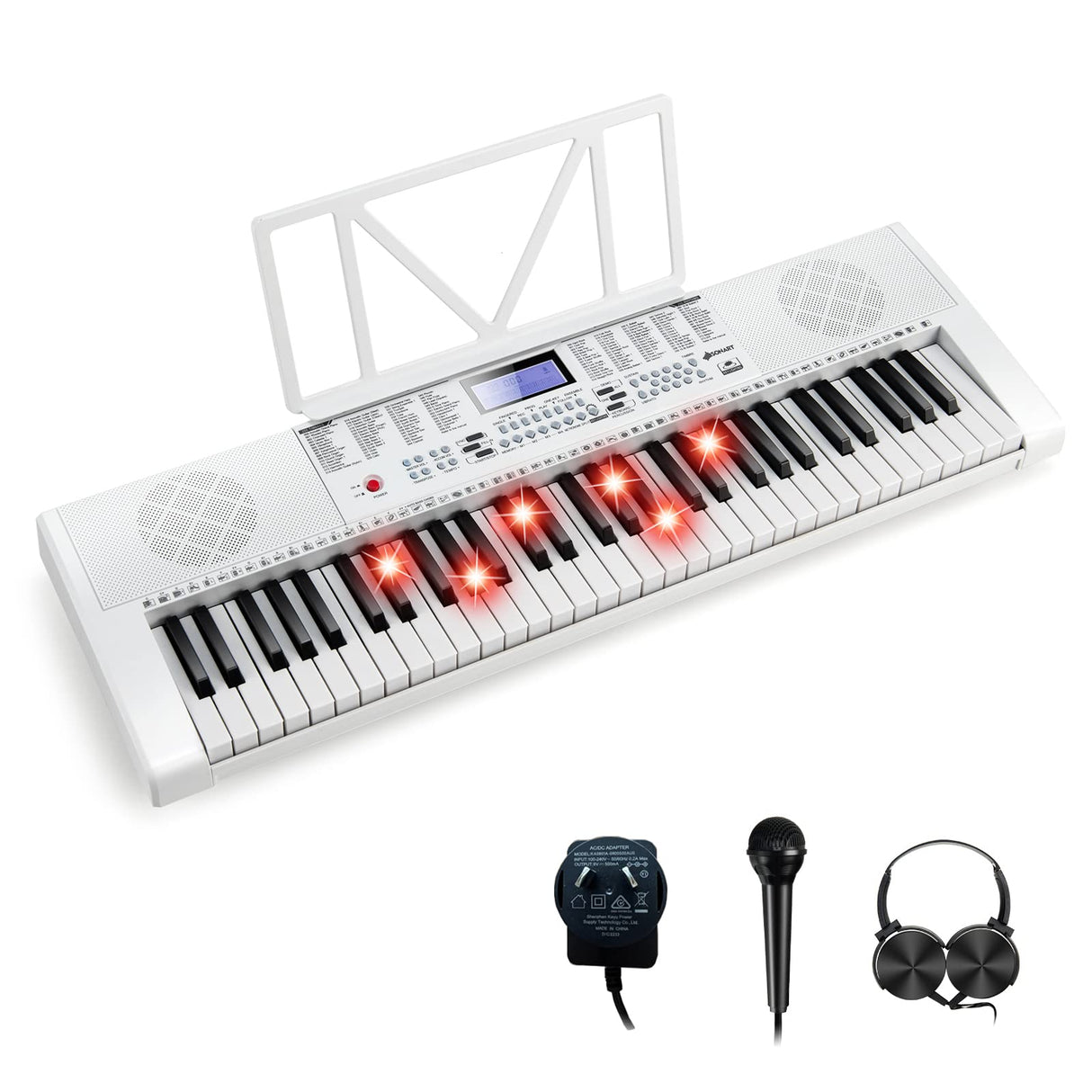 HONEY JOY 61 Key Piano Keyboard, Portable Electronic Keyboard Piano with Lighted Keys, LCD Screen, Headphones (White)