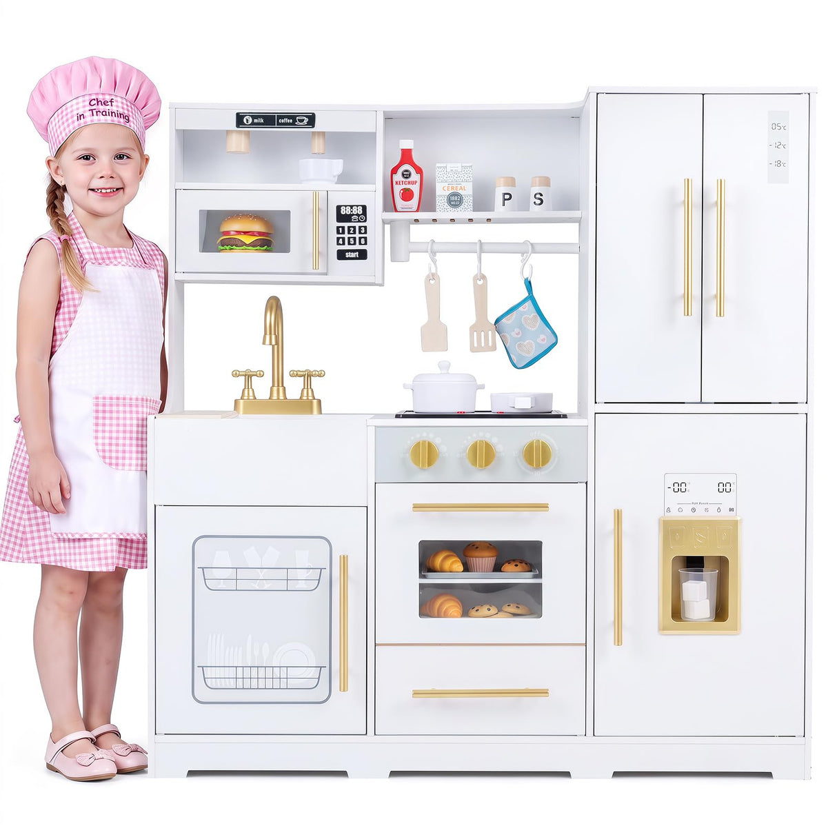 Wooden Play Kitchen with Lights & Sounds and Sink Stove Oven for Kids Ages 3+