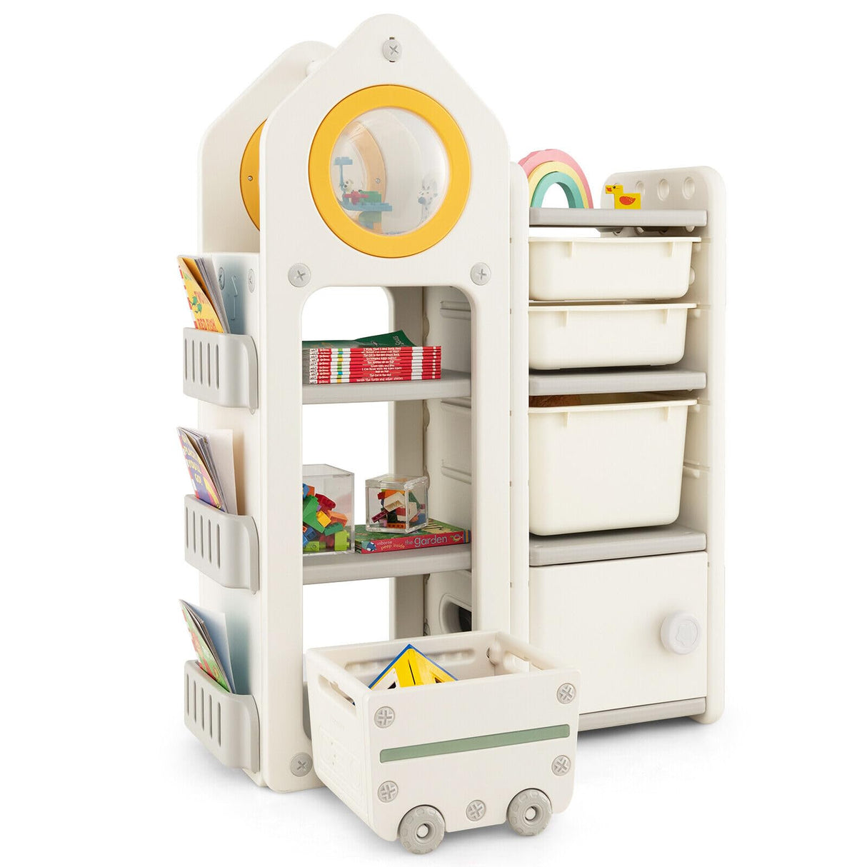 HONEY JOY Kids Toy Storage Organiser, Toy Chest and Bookshelf w/Mobile Trolley, Enclosed Cabinets & Storage Bins