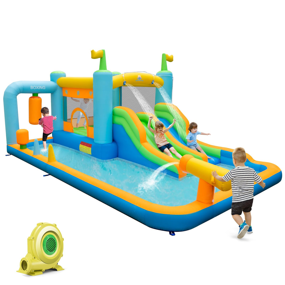 Children playing on a colorful inflatable water slide and bounce house with dual slides, boxing sandbag, and splash pool.