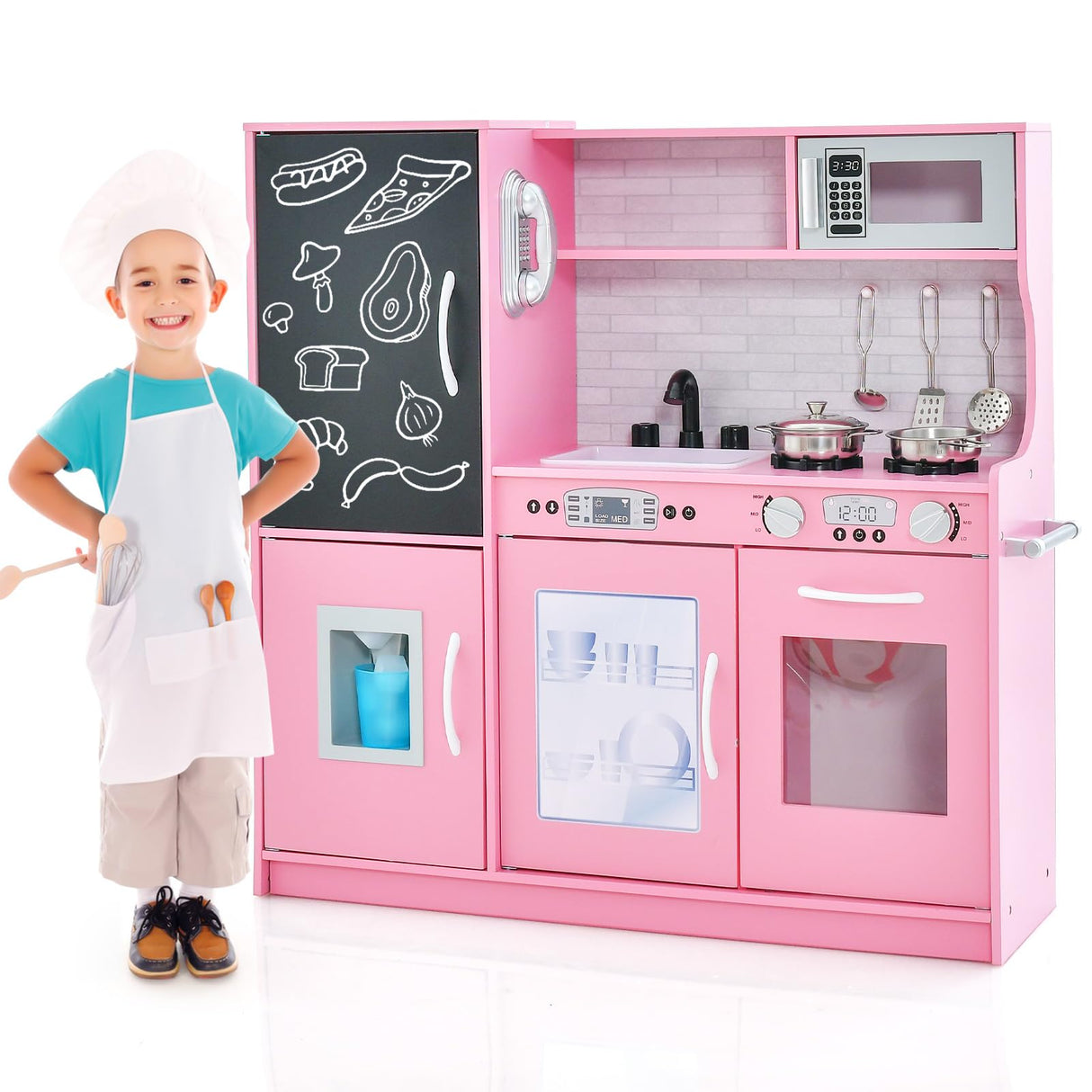 HONEY JOY Pretend Play Kitchen, Toddler Kitchen Playset w/Blackboard, Phone, Microwave, Ice Maker, Dishwasher & Oven