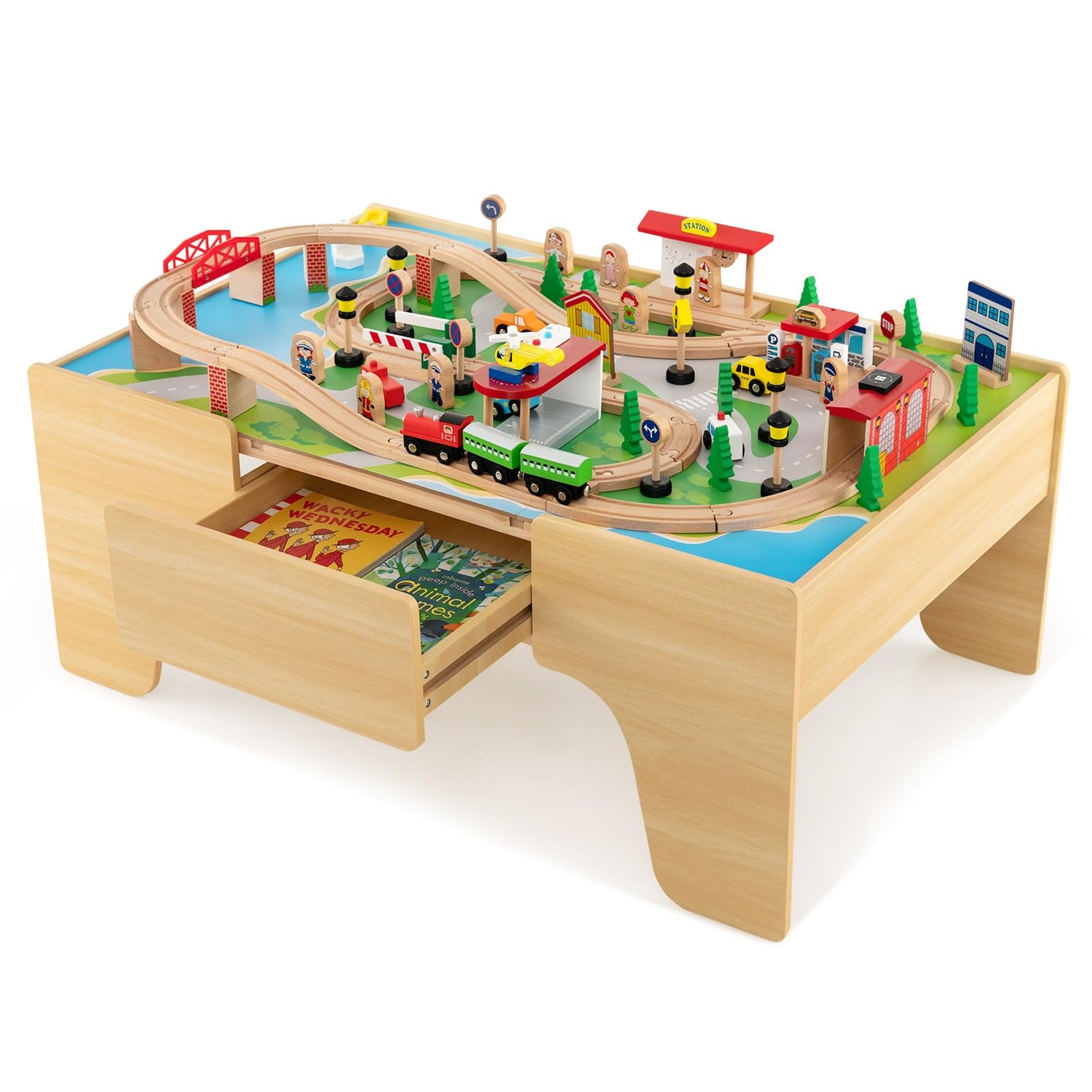 HONEY JOY Wooden Train Table Set