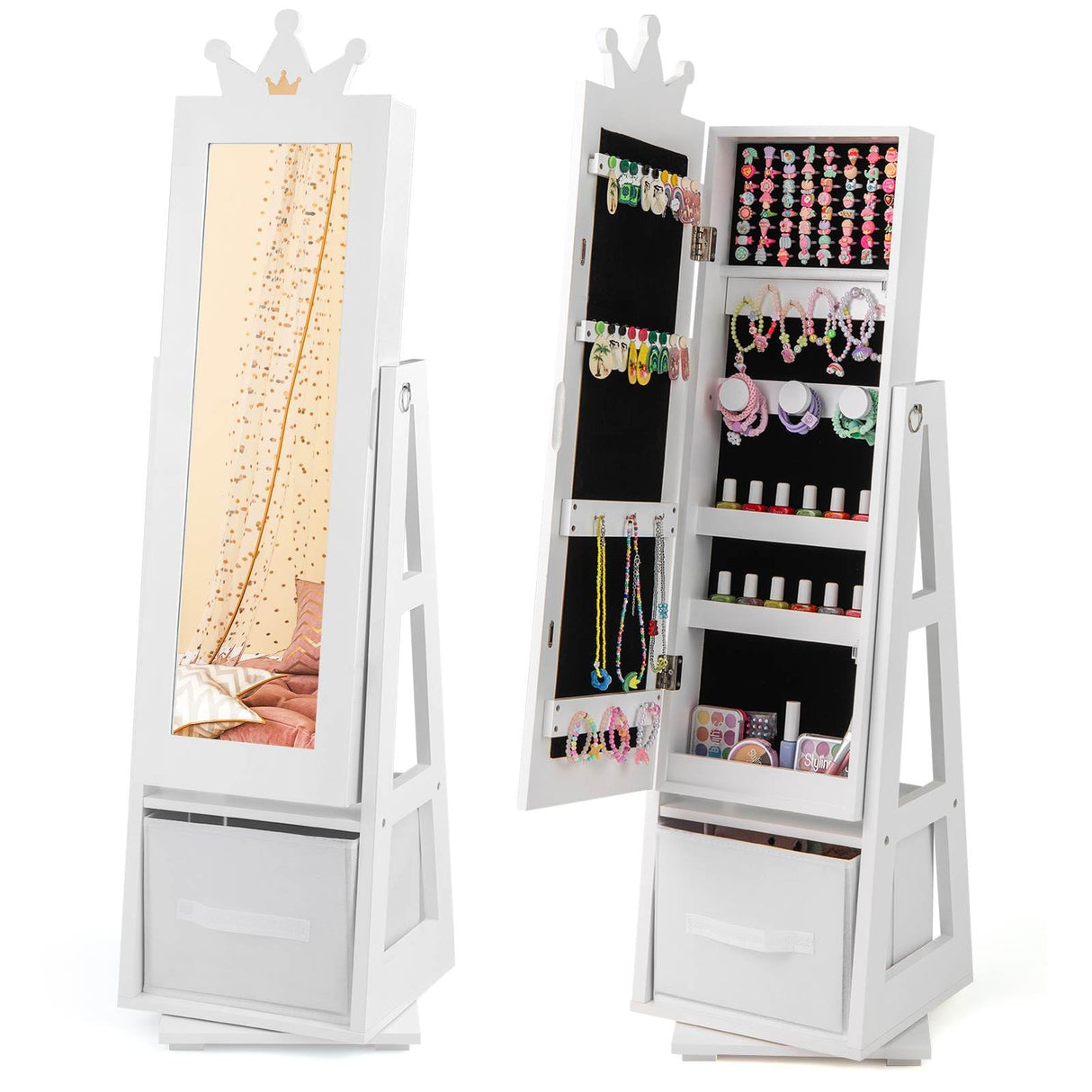 HONEY JOY 360° Swivel Kids Jewelry Cabinet, 3-in-1 Freestanding Full Length Dressing Mirror