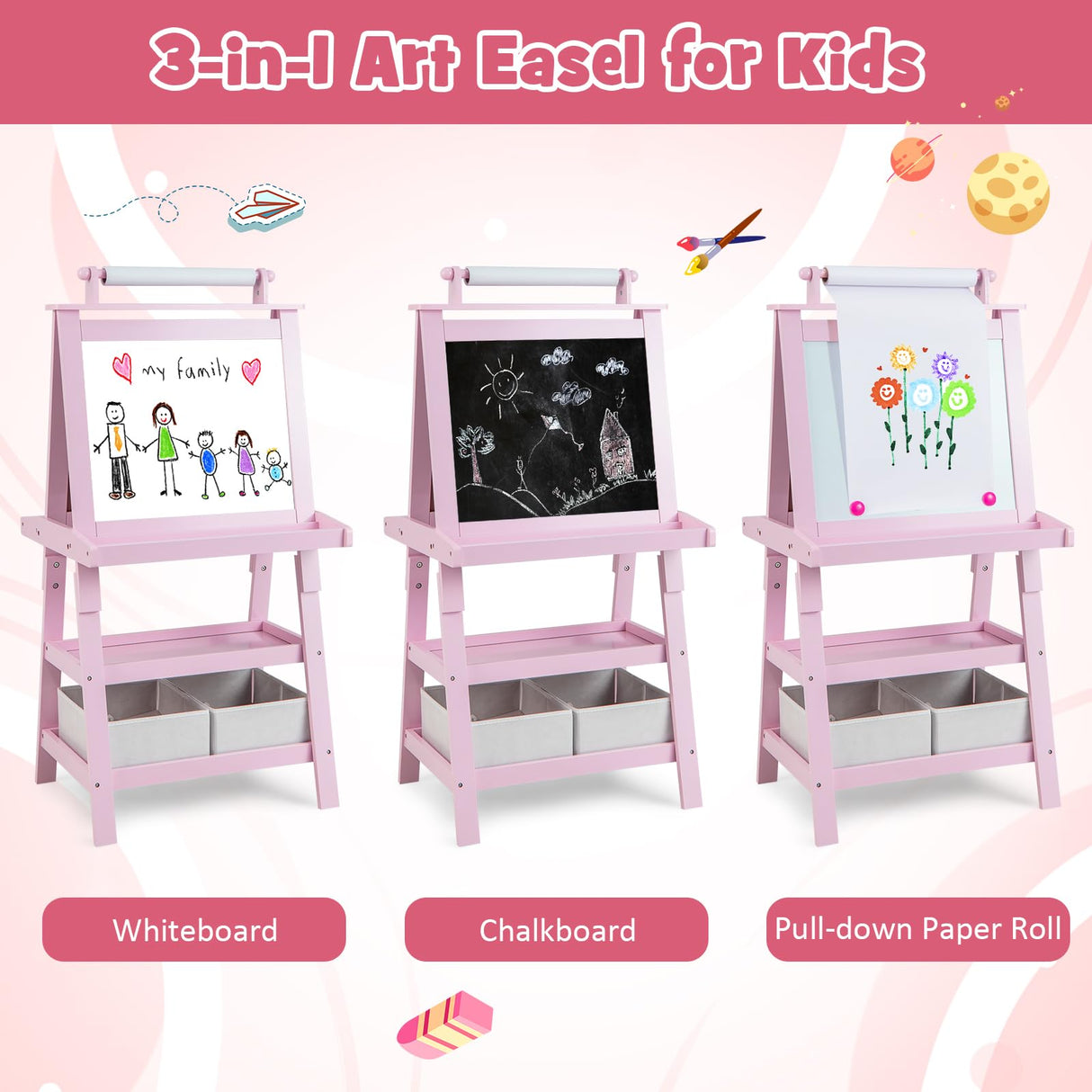 BABY JOY Kids Art Easel, 3 in 1 Double-Sided Standing Easel for Toddlers