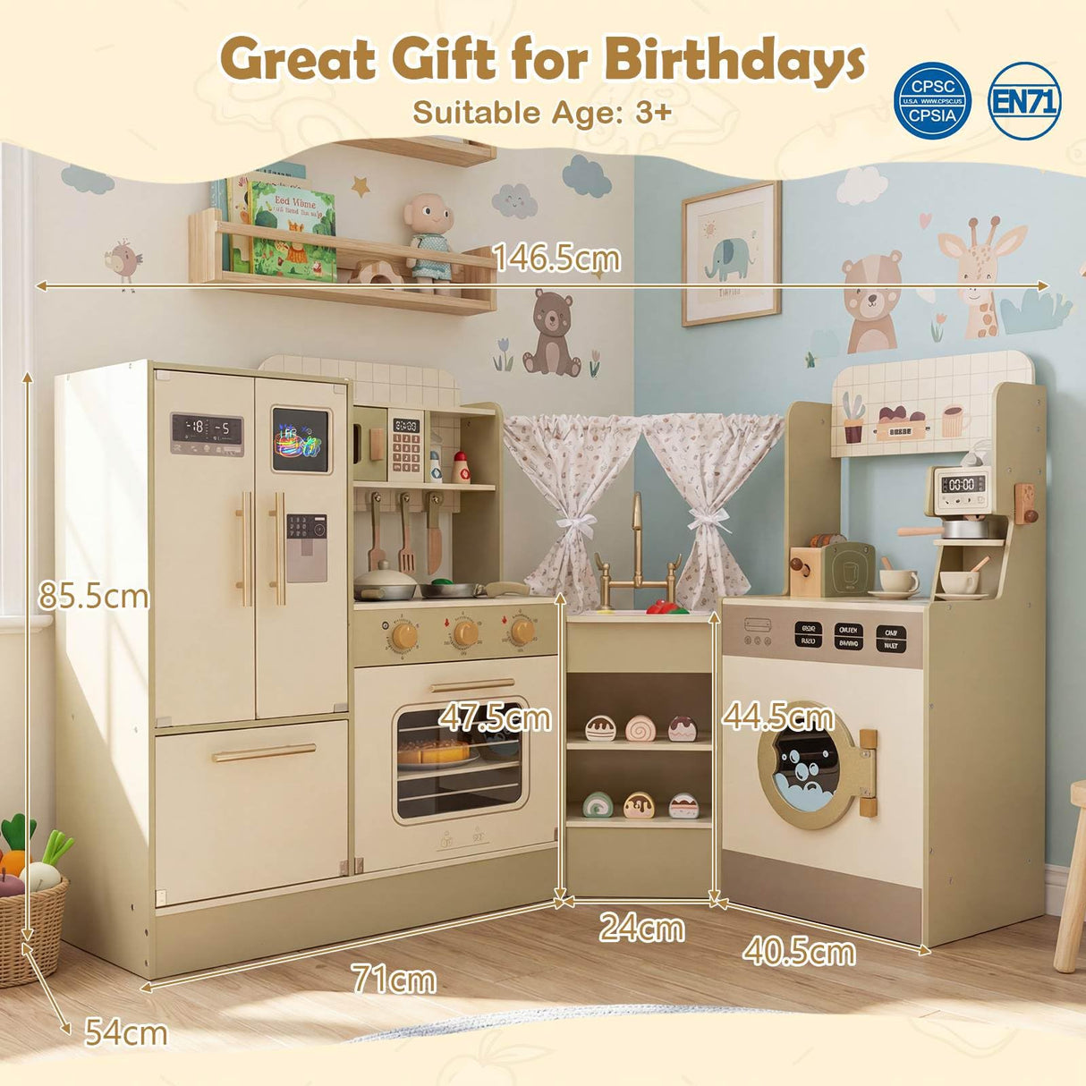 HONEY JOY Kids Corner Play Kitchen, Pretend Play Kitchen Playset