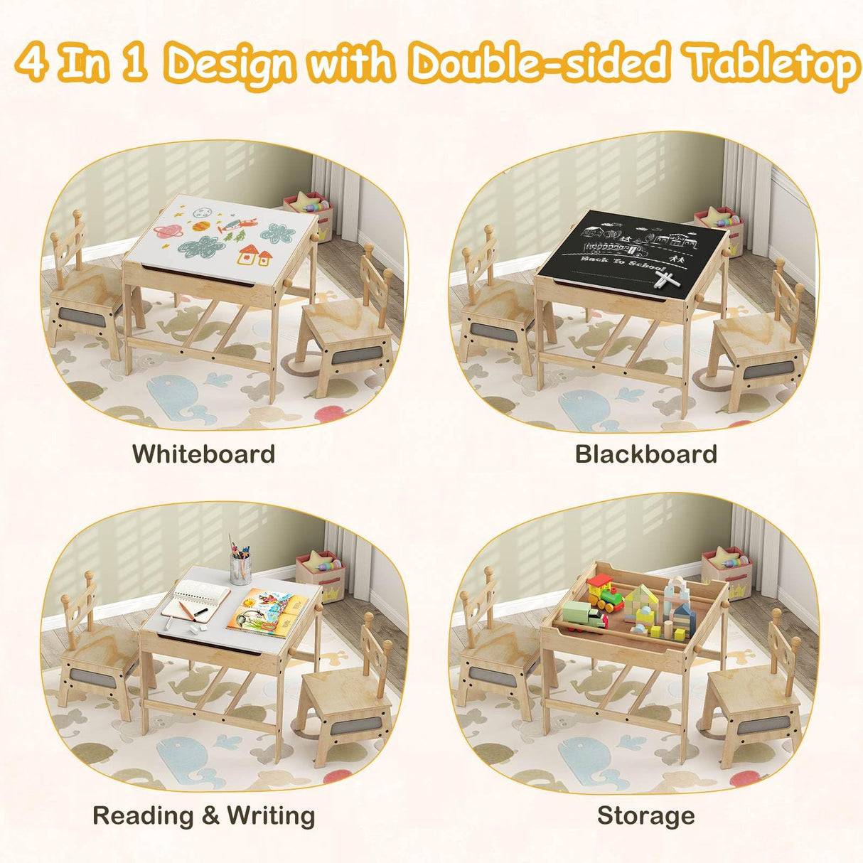 4-in-1 Kids Table and Chairs Set with Reversible Whiteboard for Arts Robot Style